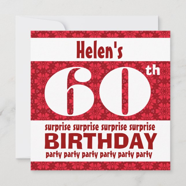 60th SURPRISE  Birthday Party Red and White B200 Invitation (Front)