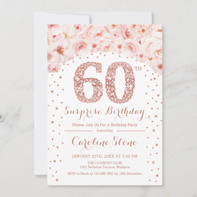 60th Surprise Birthday Party - White Rose Gold Invitation (Front)