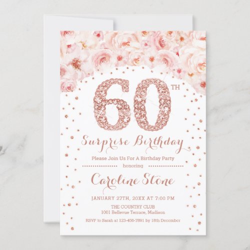 60th Surprise Birthday Party _ White Rose Gold Invitation