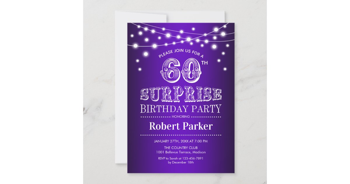 60th Surprise Birthday - Purple White Invitation | Zazzle