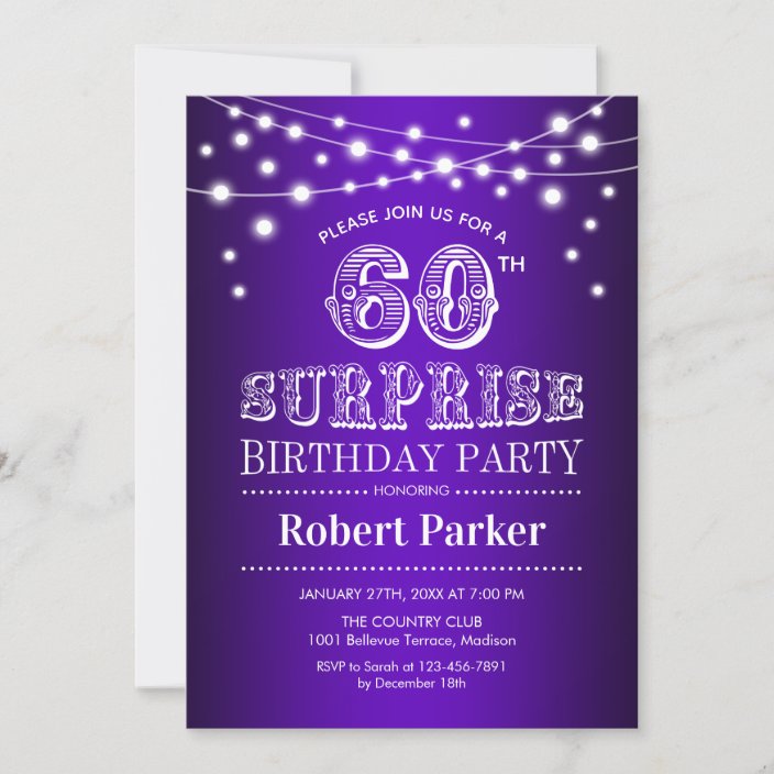 60th Surprise Birthday - Purple White Invitation | Zazzle