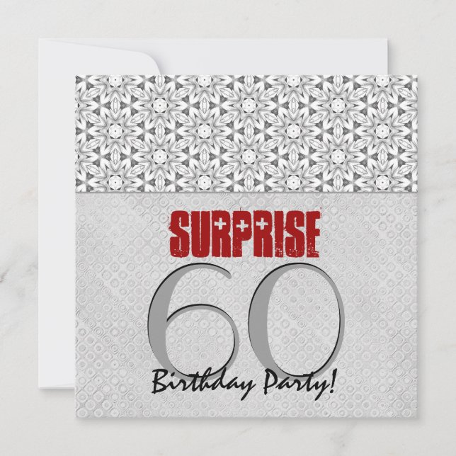 60th Surprise Birthday Silver Gray Red V10A Invitation (Front)