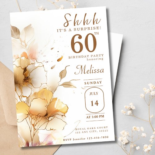  60th Surprise Gold Flowers Watercolor Birthday Invitation