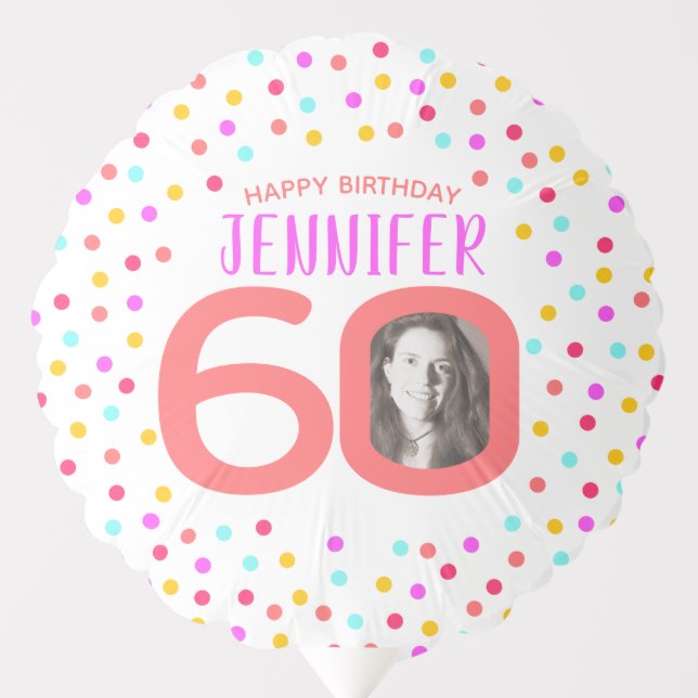60th two custom photos colorful confetti birthday balloon (Front)