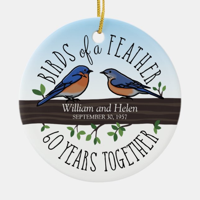 60th Wedding Anniversary, Bluebirds of a Feather Ceramic Ornament (Front)