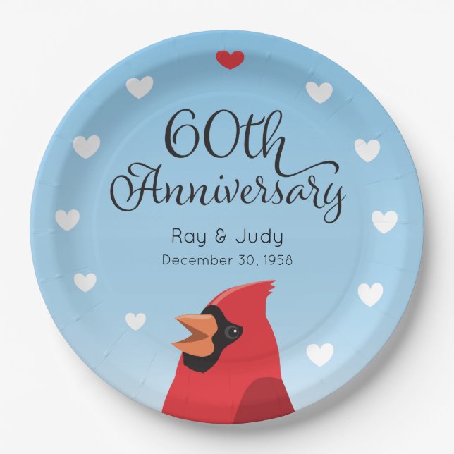 60th Wedding Anniversary, Cardinal and Hearts Paper Plates (Front)