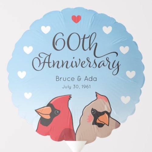 60th Wedding Anniversary Cardinals and Hearts Balloon