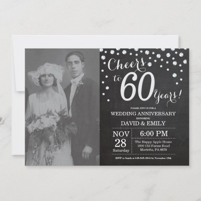60th Wedding Anniversary Chalkboard Black Silver Invitation (Front)