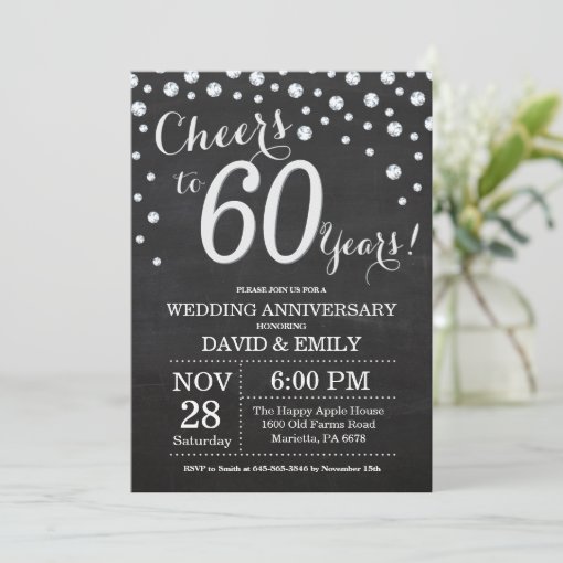 60th Wedding Anniversary Chalkboard Black Silver Invitation | Zazzle