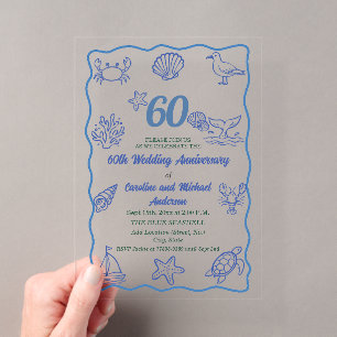 60th Wedding Anniversary Chic Hand Drawn Sea Life Acrylic Invitations