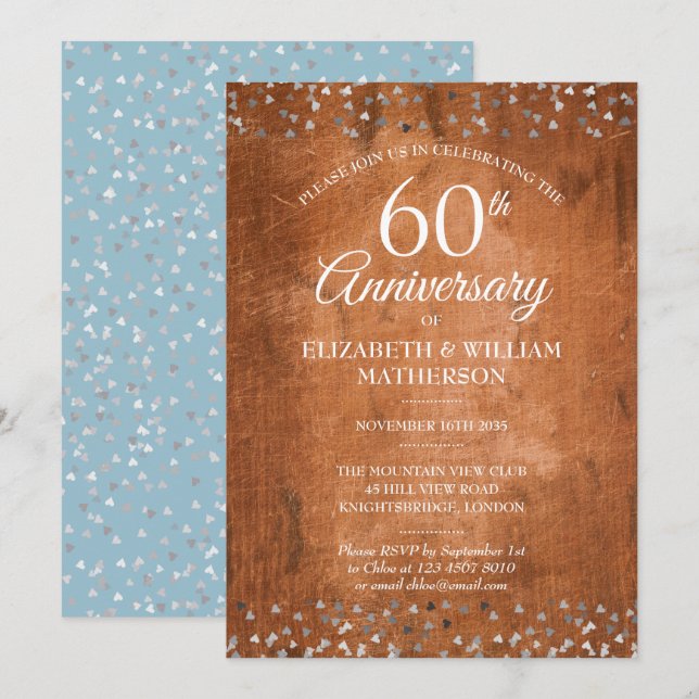 60th Wedding Anniversary Confetti Rustic Wood Invitation (Front/Back)