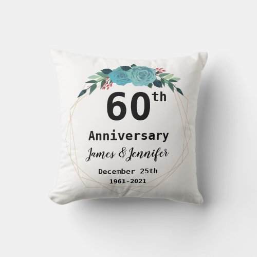 60th Wedding Anniversary Custom Names and Year Throw Pillow
