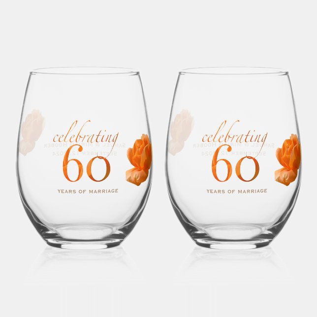 60th wedding anniversary customize peach rose gift stemless wine glass (Front)