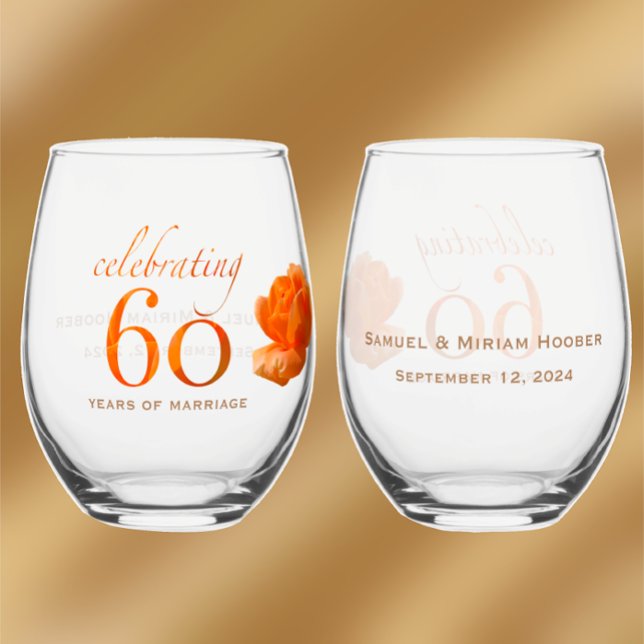 60th wedding anniversary customize peach rose gift stemless wine glass (Personalize with couples names and 60th anniversary date for peach rose unique keepsake gift glasses)