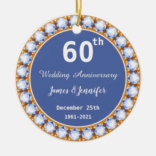 60th Wedding Anniversary diamond Custom Names Ceramic Ornament (Front)
