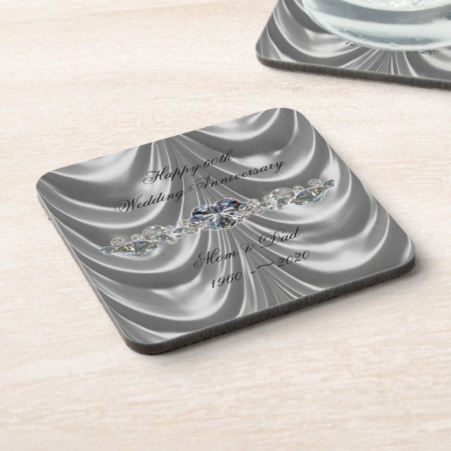 60th Wedding Anniversary Diamond Heart Beverage Coaster (Left Side)