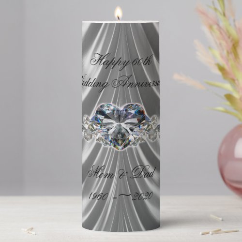 60th Wedding Anniversary Diamond Heart Pillar Candle