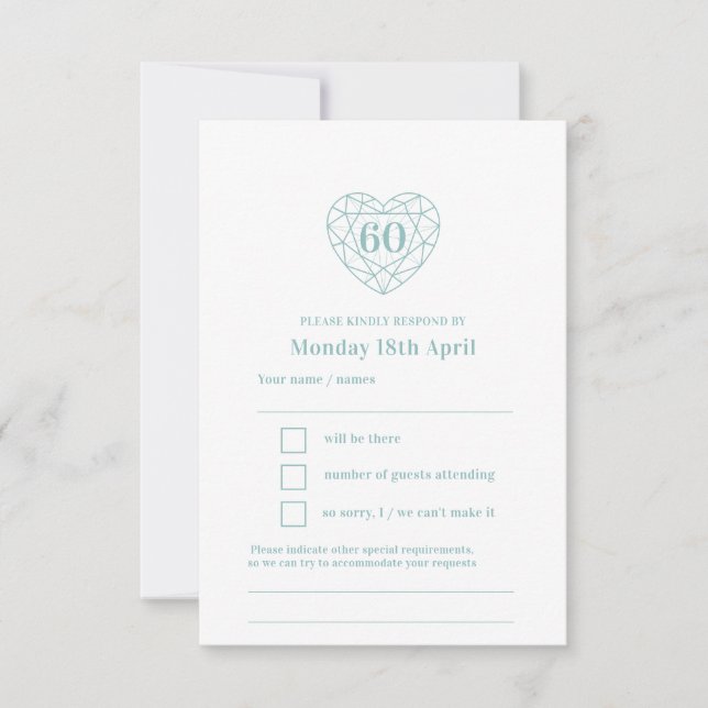 60th wedding anniversary diamond heart reply RSVP (Front)