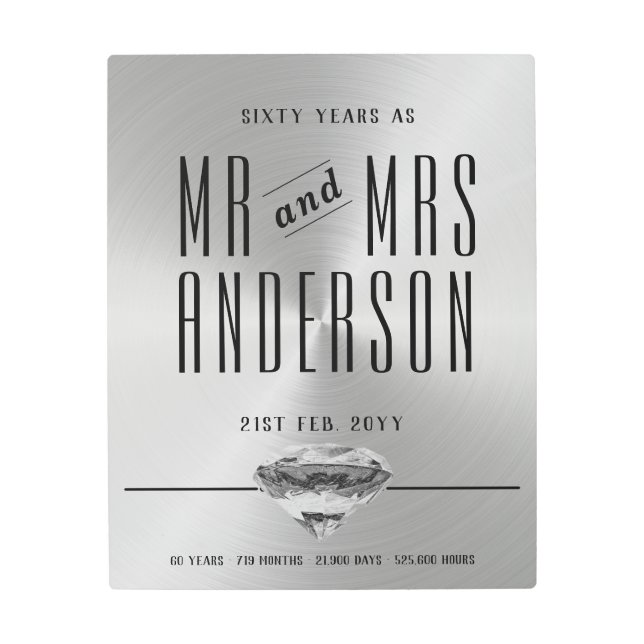 60th Wedding Anniversary Diamond Metallic Metal Print (Front)