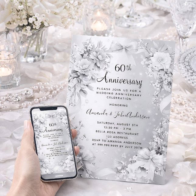 60th wedding anniversary diamond silver floral bow invitation (Creator Uploaded)