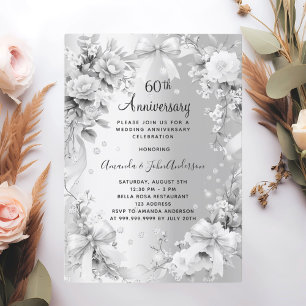 60th wedding anniversary diamond silver floral bow invitation