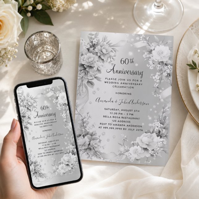 60th wedding anniversary diamond silver florals invitation (Creator Uploaded)