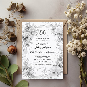 60th wedding anniversary diamond silver florals invitation