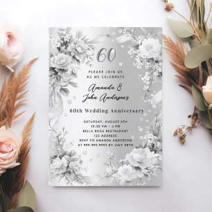 60th wedding anniversary diamond silver florals invitation