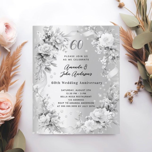 60th wedding anniversary diamond silver invitation (Creator Uploaded)
