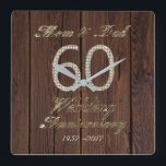 60th Wedding Anniversary Diamond Wedding Parents Square Wall Clock<br><div class="desc">60th Wedding Anniversary Diamond Wedding Anniversary Mom and Dad Unique Gift for Parents Home Decor Elegant Wall Clock Number 60 in Diamonds Look Typography on Rustic Wooden Photography Background,  you can change the date</div>