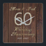 60th Wedding Anniversary Diamond Wedding Parents Square Wall Clock<br><div class="desc">60th Wedding Anniversary Diamond Wedding Anniversary Mom and Dad Unique Gift for Parents Home Decor Elegant Wall Clock Number 60 in Diamonds Look Typography on Rustic Wooden Photography Background,  you can change the date</div>