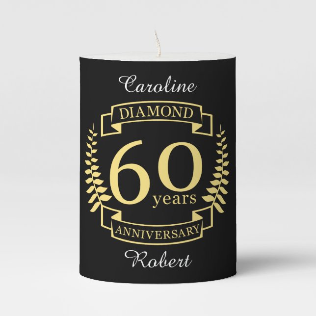 60th Wedding ANNIVERSARY diamond yellow Pillar Candle (Front)