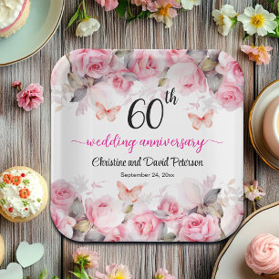 60th Wedding Anniversary Elegant Blush Roses Paper Plates