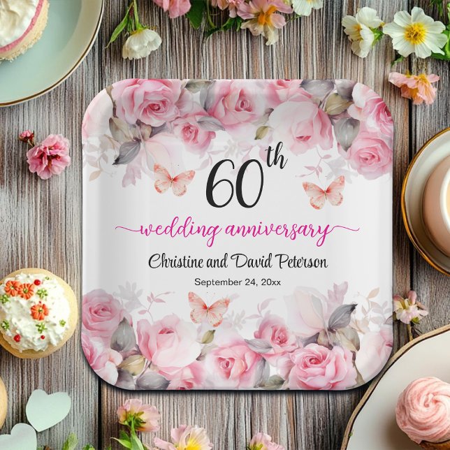 60th Wedding Anniversary Elegant Blush Roses Paper Plates (Creator Uploaded)