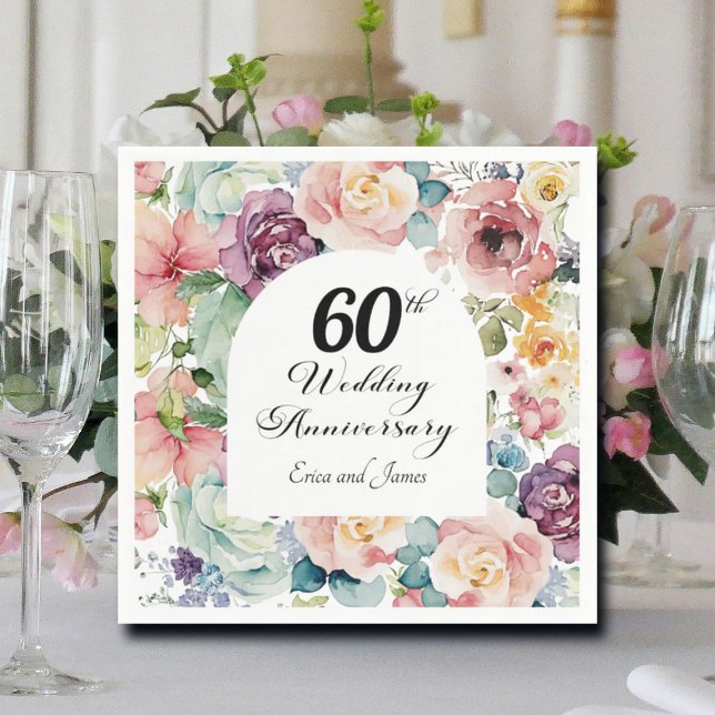 60th Wedding Anniversary Elegant Script Floral Napkins (Creator Uploaded)