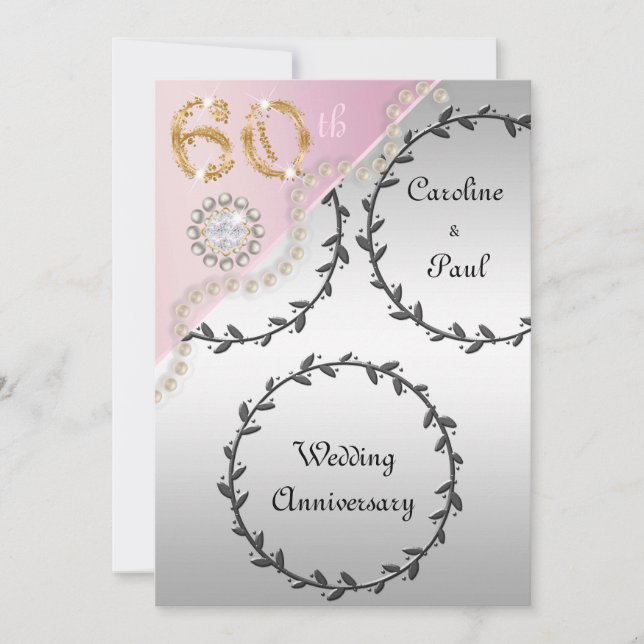 60th Wedding Anniversary Embossed Silver Rose Gold Invitation (Front)