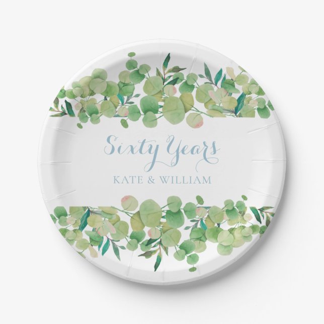 60th Wedding Anniversary Eucalyptus Greenery Paper Plates (Front)