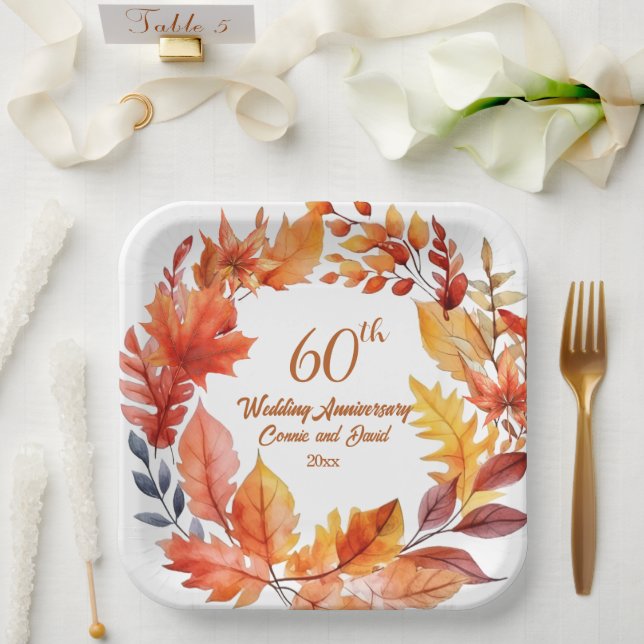 60th Wedding Anniversary Fall Floral Paper Plates (Wedding)