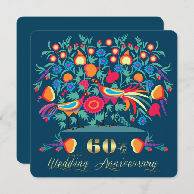 60th Wedding Anniversary Folk Art Invitation (Front/Back)