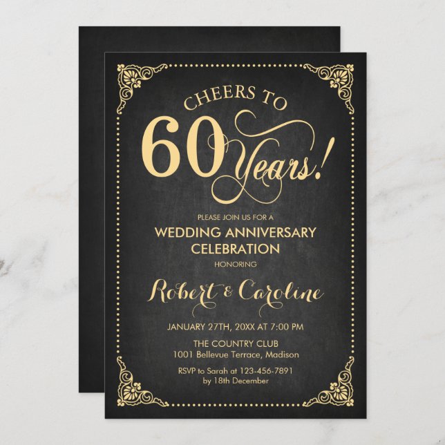 60th Wedding Anniversary - Gold Chalkboard Invitation (Front/Back)