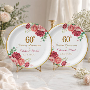 60th Wedding Anniversary Gold Frame Floral Paper Plates