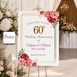 60th Wedding Anniversary Gold Frame Floral Poster