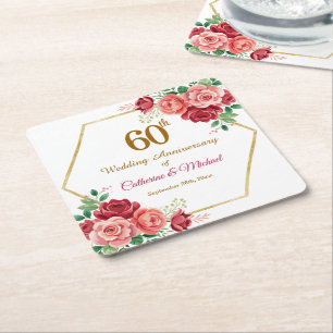60th Wedding Anniversary Gold Frame Floral Square Paper Coaster