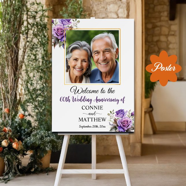60th Wedding Anniversary Gold Frame Purple Roses Poster (Creator Uploaded)