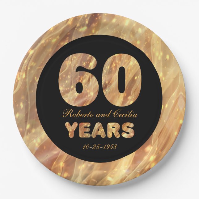 60th Wedding Anniversary Gold Party Lights Paper Plates (Front)