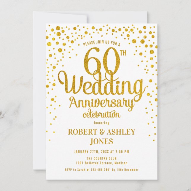60th Wedding Anniversary - Gold & White Invitation (Front)