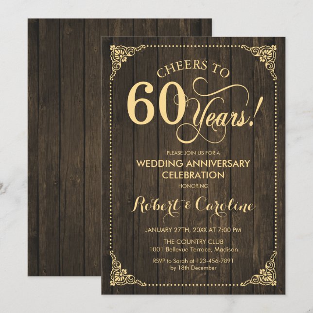 60th Wedding Anniversary - Gold Wood Invitation (Front/Back)