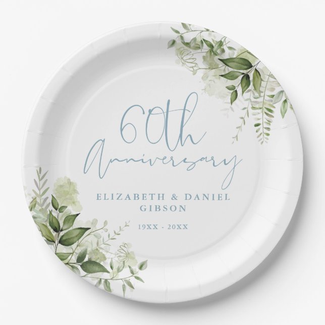 60th Wedding Anniversary Greenery Floral Paper Plates (Front)
