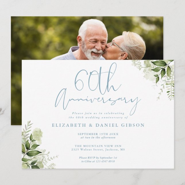 60th Wedding Anniversary Greenery Floral Photo Invitation (Front/Back)