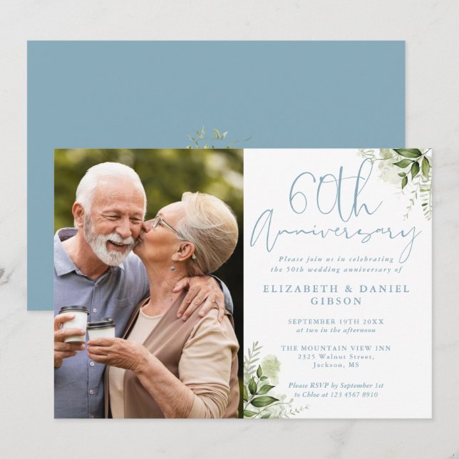 60th Wedding Anniversary Greenery Floral Photo Invitation (Front/Back)